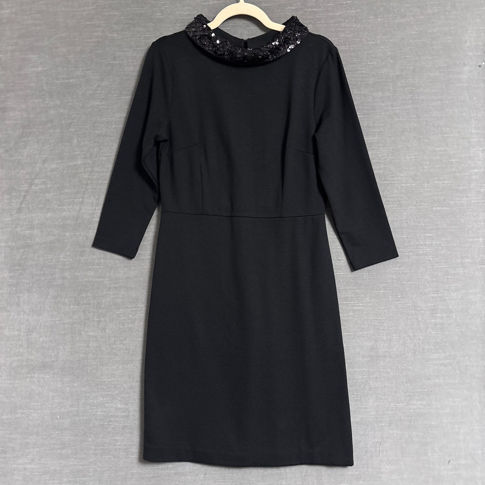 Talbots Dress 4 Black Ponte Sequin Collar Mock Neck Shift Mod Cocktail Party LBD